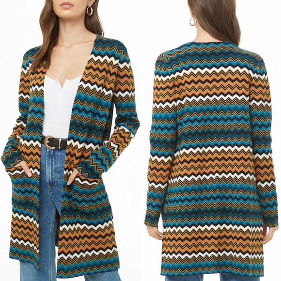 Forever 21 Sweaters - Forever 21 Chevron Zig Zag Dark Turquoise Open Front Sweater Cardigan Size Large